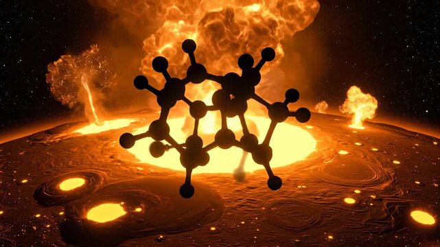 Molecular Structure Amidst Cosmic Fury: A striking, conceptual depiction of a complex molecular structure, standing resilient amidst an explosion over a celestial body.