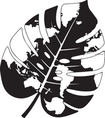 Black and white illustration of a tropical monstera leaf with a world map pattern inside