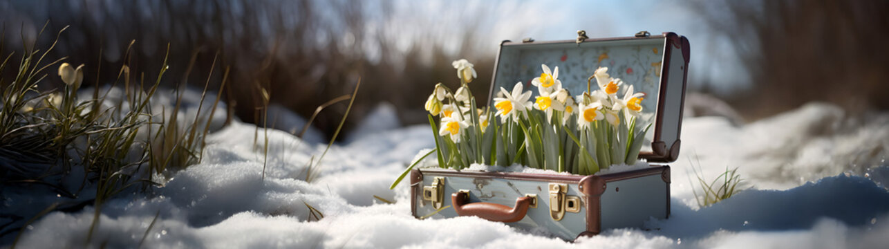 Vintage suitcase with spring flowers and blooms lying on the meadow with the rests of melting snow and grass growing. Concept of spring coming and winter leaving.
