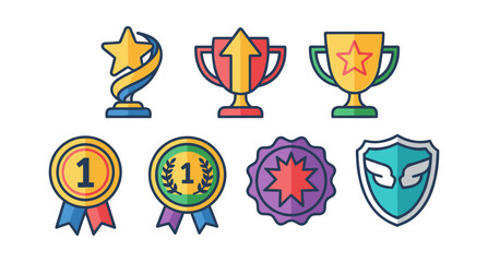 Colorful vector icons symbolizing triumph, excellence, and victory with various cups, badges, and first place ribbons