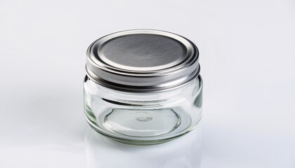 Small empty clear glass jar with a silver metal lid on a white background, perfect for storage or packaging.
