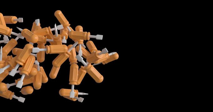 Glossy 3D orange screwdrivers fly in from the left and exit to the right for a dynamic tool themed screen transition. 4K UHD, transparent background with alpha channel.