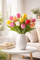 Bunter Tulpenstrau&szlig; in wei&szlig;er Vase auf rundem Couchtisch in hellem Wohnzimmer mit fr&uuml;hlingshafter Dekoration.