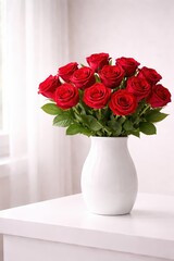Strau&szlig; roter Rosen in wei&szlig;er Vase auf einem runden wei&szlig;en Tisch in hellem Wohnraum.