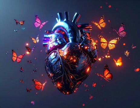 Coeur artificiel autour duquel volent des papillons 