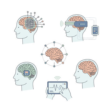 Human heads with various brain computer interface concepts, illustrating neural links, cybernetics, and medical technology
