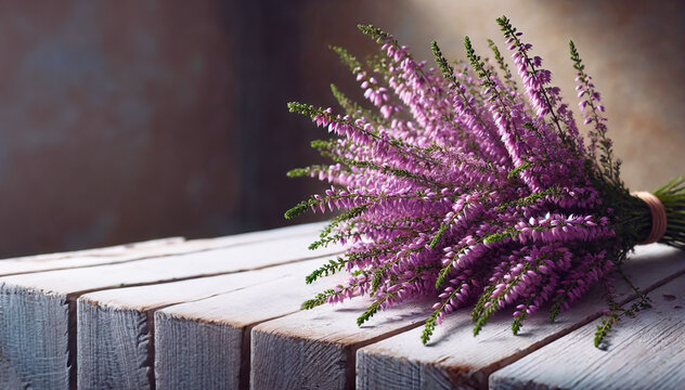 Wrzosy, fioletowe kwiaty na desce