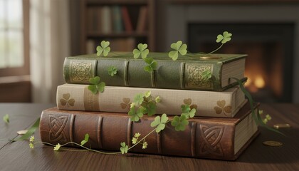 Stack of vintage books with shamrocks
