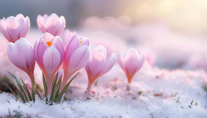Różowe krokusy, piękne wiosenne kwiaty w śniegu. Kwiatowe tło, tapeta