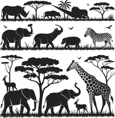 African safari wildlife silhouette collection, elephant giraffe rhino zebra and lion vector set, savanna nature landscape design elements. © Safiqul