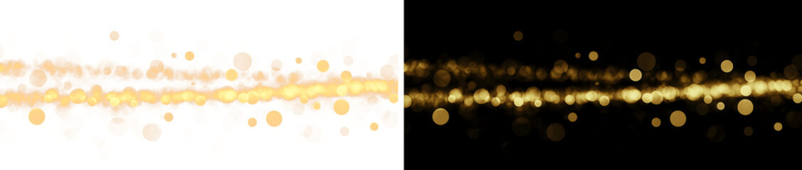 Golden bokeh wave abstract background, sparkling magic dust trail, festive glowing lights and shiny particles on black © Viktoriia