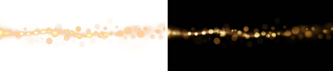 Golden bokeh wave abstract background, sparkling magic dust trail, festive glowing lights and shiny particles on black © Viktoriia