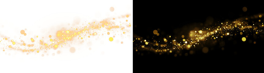 Golden bokeh wave abstract background, sparkling magic dust trail, festive glowing lights and shiny particles on black © Viktoriia