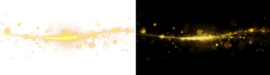 Golden bokeh wave abstract background, sparkling magic dust trail, festive glowing lights and shiny particles on black © Viktoriia