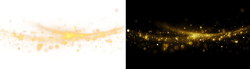 Golden bokeh wave abstract background, sparkling magic dust trail, festive glowing lights and shiny particles on black © Viktoriia