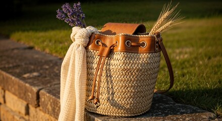 Woven straw bag with leather accents and lavender on outdoor stone  