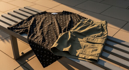 Casual black polka dot t-shirt and khaki shorts on wooden bench  