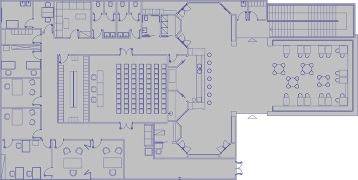 Technical architectural floor plan showing an institutional layout with a central lecture hall, surrounding rooms with furniture, and a cafeteria area in blue line art on grey.