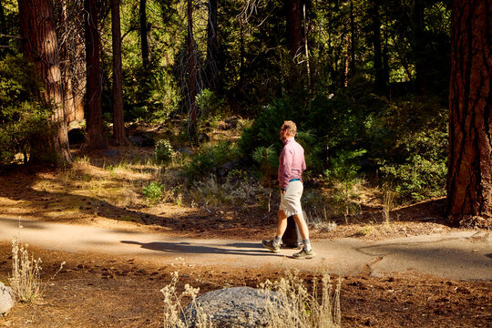 Man drags his suitcase in nature