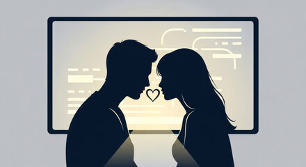 Silhouettes of couple sharing a kiss with heart symbol in background  