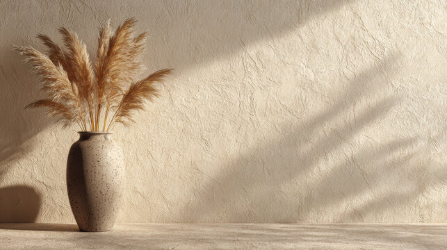 A tall ceramic vase with dried pampas grass on a sandy textured floor, ivory plaster wall background, delicate sunlight shadows of the grass on the wall