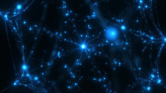 Abstract blue particles connect and form a neural network. Digital energy pulses through the interconnected system.