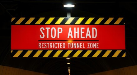 Warning Sign Indicating Stop Ahead In Restricted Tunnel Zones With Traffic Regulations