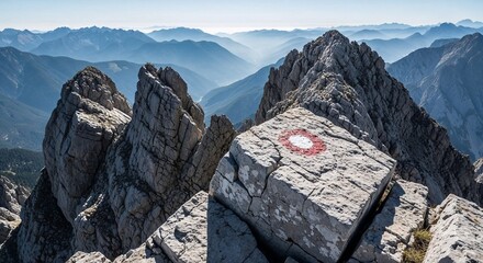 Rocky mountain peak with hiking marker and panoramic view  