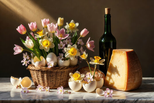 Composizione primaverile con cestino di tulipani e narcisi, uova, formaggio e bottiglia su marmo. Generative AI 
