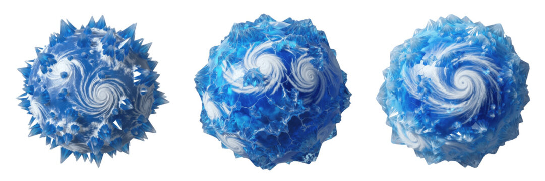 Set and collection fantasy ice planet frozen crystal sphere arctic winter world isolated on white transparent png background