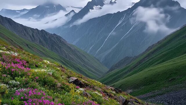 Vast mountain valley with colorful wildflowers and misty peaks