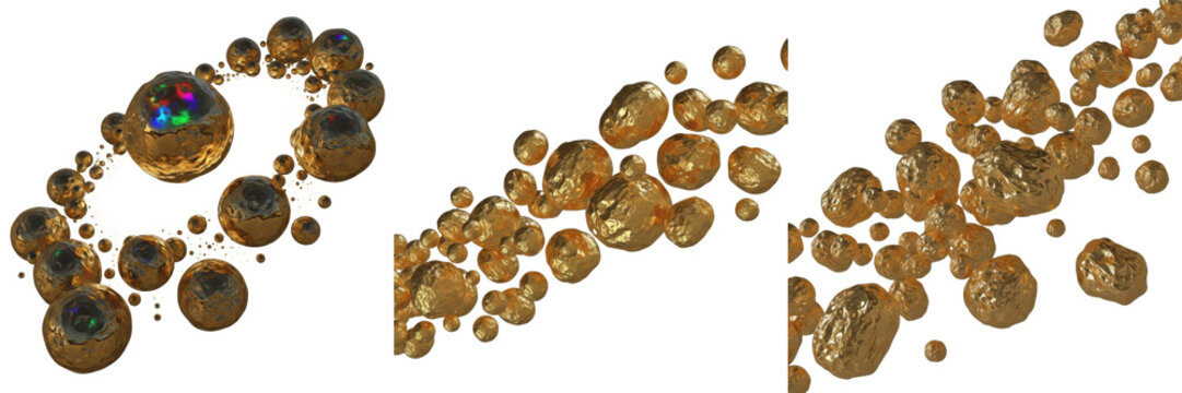 Set and collection abstract liquid gold drops shiny metallic golden spheres splashes isolated on white transparent png background