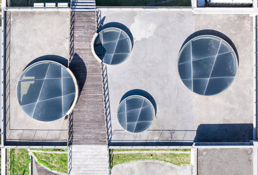 Aerial Rooftop Circular Skylights Wooden Walkway