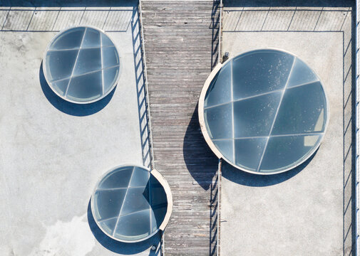 Circular Glass Skylights on Rooftop with Wooden Walkway