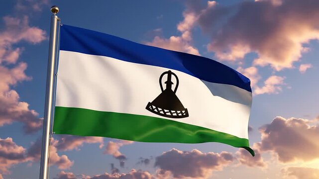 Lesotho flag waves at sunrise sky, blue, white, green stripes with central black Basotho hat, symbolizing heritage, unity, sovereignty, and cultural identity in radiant morning light.