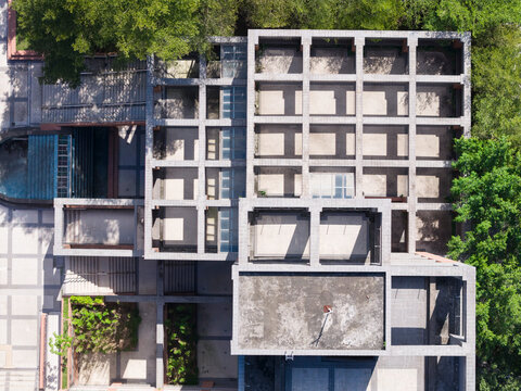 Top Down Aerial View of Modern Geometric School Campus
