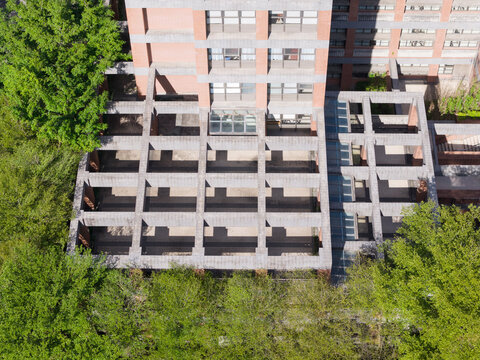 Top Down Aerial View of Modern Geometric School Campus
