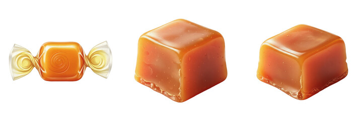 Gourmet Candy Set - Realistic Caramel Toffee, Honey Lozenges, and Mint Jelly Cubes Collection Isolated PNG © Khar