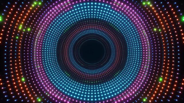 Concentric circles of multicolored dots radiate symmetrically around a central void, forming a vibrant vortex illusion, symbolizing energy, depth, motion, and infinite geometric harmony.
