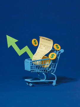 Shopping cart with receipt and coins representing financial growth