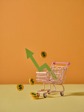 Shopping cart with upward arrow and dollar signs