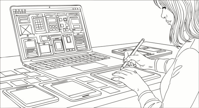 Female UX/UI designer meticulously crafting responsive website and mobile application wireframes on a laptop and pen tablet, illustrating the digital design and development process.