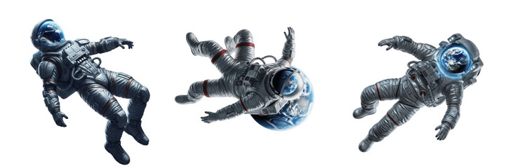 Set and collection realistic detailed astronauts floating in deep space with earth reflection on helmet isolated on white transparent png background © prettyshots