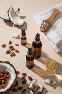 Natural beauty products with coconut, almonds, and essential oils