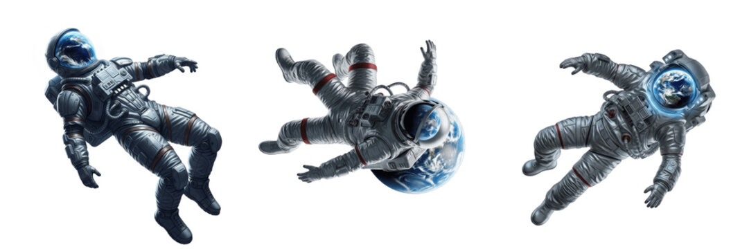 Set and collection realistic detailed astronauts floating in deep space with earth reflection on helmet isolated on white transparent png background