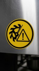 Warning Sign on Stainless Steel Surface: Rotating Blades Hazard Icon Alert Symbol
