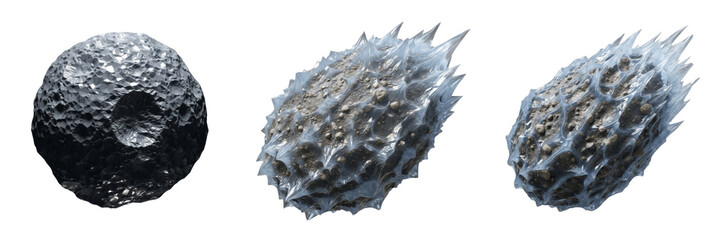 Set and collection realistic space asteroids and rocky meteorites with craters and ice texture isolated on white transparent png background © prettyshots