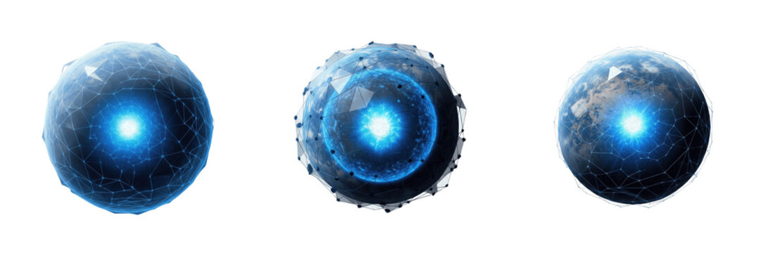 Set and collection futuristic sci-fi glowing energy spheres and blue plasma orbs with digital particle effects isolated on white transparent png background