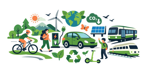 Fototapeta premium People using electric car charging, cycling, walking to work, alongside public transport, wind turbines, and solar panels