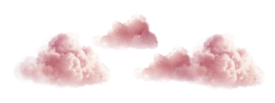 Fluffy pink clouds floating in pastel sky, dreamy 3D cotton texture with soft light, perfect background for fantasy designs and magical cloud illustrations